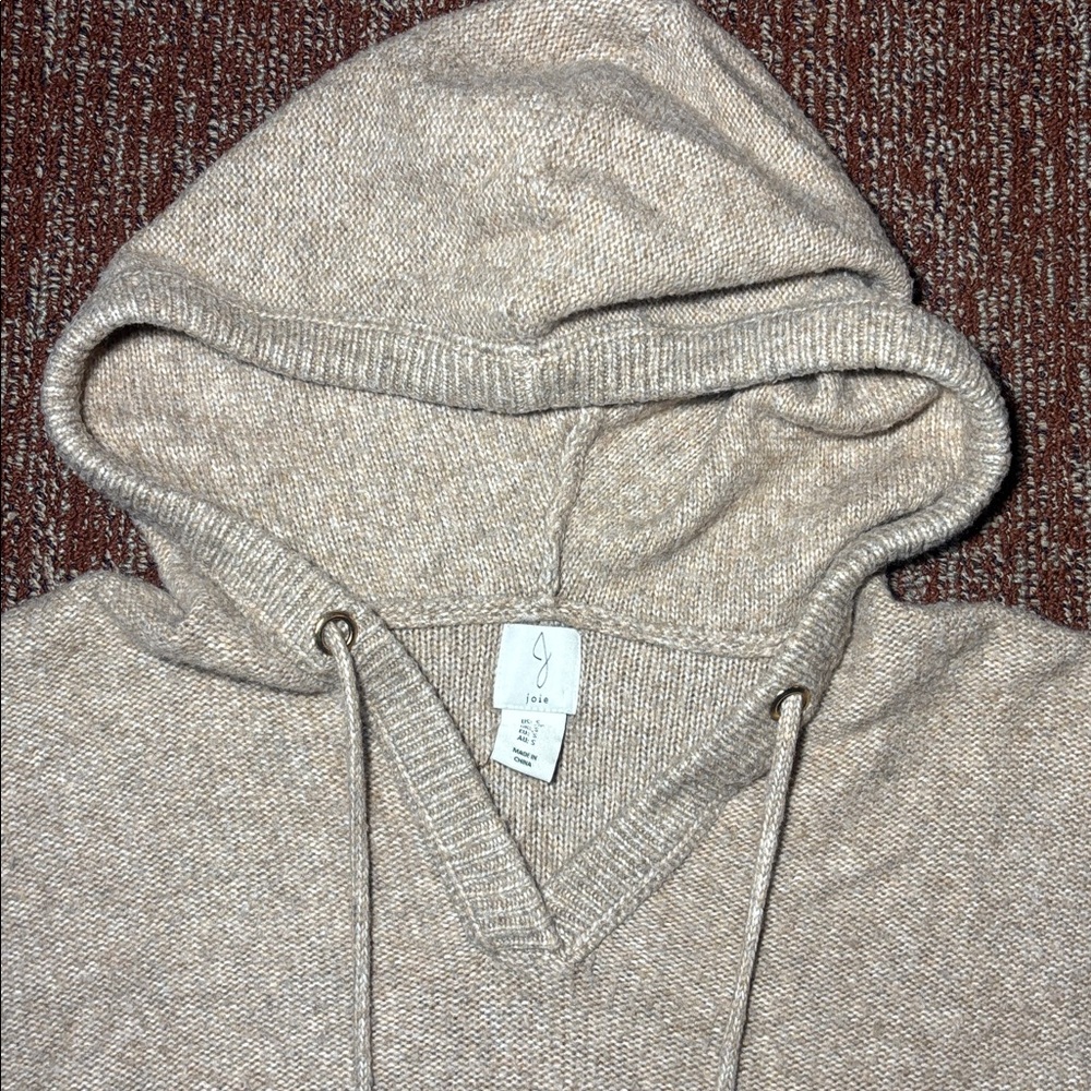 Joie V-Neck Beige cropped hooded knit Sweater oatmeal light brown cozy sweater S - Picture 3 of 12